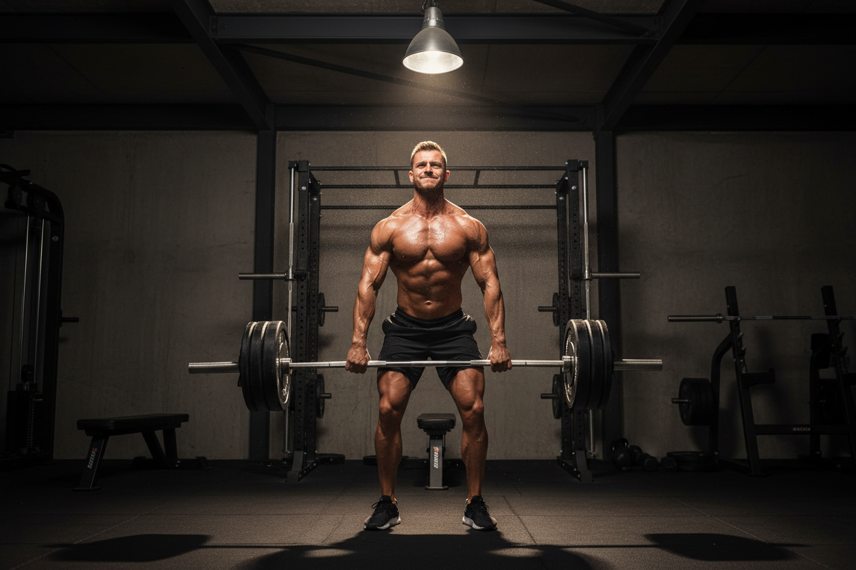 A hyperrealistic cinematic scene of a muscular athlete training intensely in a modern industrial gym. The athlete is performing a powerful deadlift with heavy Olympic weights, veins visible, muscles fully engaged, sweat particles frozen in mid-air. The gym environment featur dark concrete walls, steel structures, and minimalistic high-end fitness equipment. Dramatic cinematic lighting with strong contrast: a sing